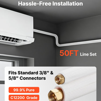 50ft Mini Split Line Set, 3/8” & 5/8” OD AC Copper Tubing Pipe, 3/8 White PE Thickened Insulated Coil With Flared Nuts, Rich Fittings, For Mini Split Air Conditioner HVAC Or Heat Pump System