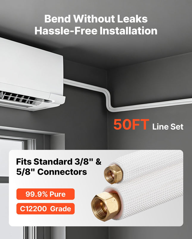 50ft Mini Split Line Set, 3/8” & 5/8” OD AC Copper Tubing Pipe, 3/8 White PE Thickened Insulated Coil With Flared Nuts, Rich Fittings, For Mini Split Air Conditioner HVAC Or Heat Pump System