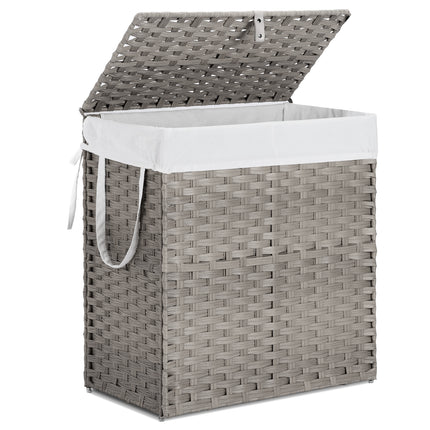 Laundry Basket With Lid, 110 L Hand-Woven Pp Rattan Laundry Basket With Compartments & Handles, Foldable, Removable Liner