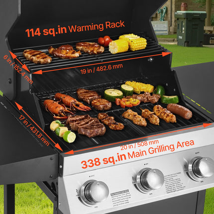 Gas Grill, 3 Burner Propane Gas Grill With Spacious 338 SQ.In Grilling Area, Carbon Steel Enamel Grates, Outdoor 36,000 BTU Patio Garden BBQ Grills With Foldable Side Shelves, Carbon Steel