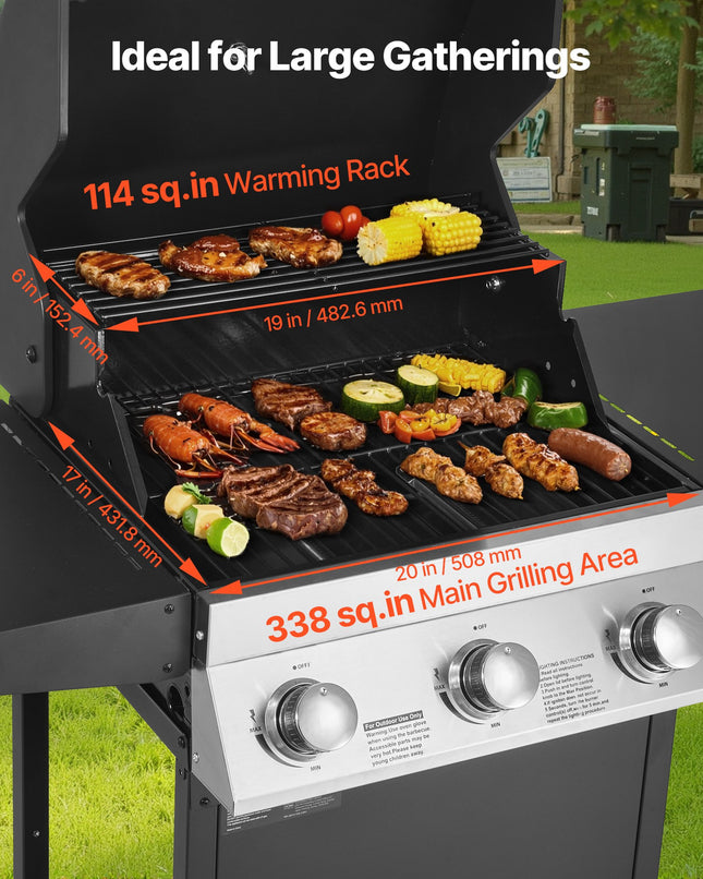 Gas Grill, 3 Burner Propane Gas Grill With Spacious 338 SQ.In Grilling Area, Carbon Steel Enamel Grates, Outdoor 36,000 BTU Patio Garden BBQ Grills With Foldable Side Shelves, Carbon Steel