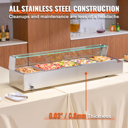 Commercial Electric Food Warmer Countertop Buffet 5*8Qt With Glass Shield