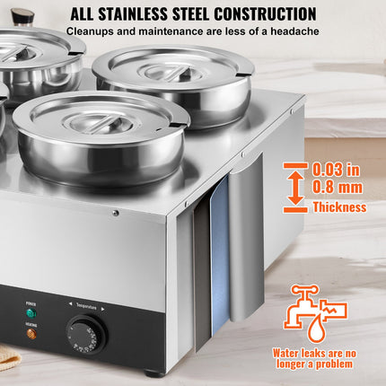 Electric Soup Warmer, Four 7.4QT Stainless Steel Round Pot 86~185°F Adjustable Temp, 1500W Commercial Bain Marie With Anti-dry Burn And Reset Button, Soup Station For Restaurant, Buffet, Silver