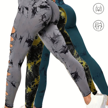 3 Pack Women's Tie Dye Cutout Tights High Waist Workout Yoga Leggings, Scrunch Butt Lifting Elastic Pants, Womens High Waist Yoga Pants Cutout Ripped Tummy Control Workout Running Yoga Skinny Leggings