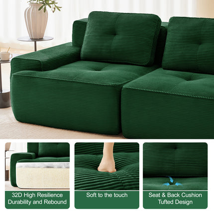 82 Modern L-Shaped Modular Sectional Sofa For Living Room, Corduroy Fabric, 2-Seater Couch With Deep Seat , Pearl-like Piping, Tufted Design, No Assembly, Anti-slip Design,Green