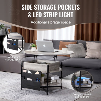 Lift Top Coffee Table, 35.3 In Round Coffee Table With Extra Storage Pockets, Pop Up Coffee Table For Living Room, White