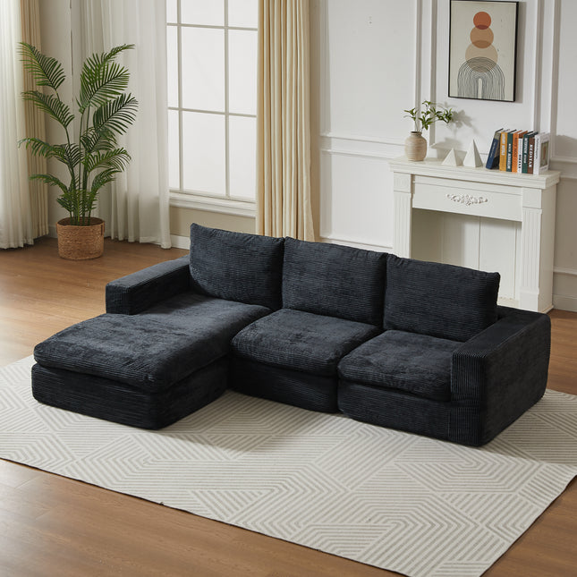 99-Inch Boneless Couch With Chaise, L-Shaped Modern Upholstered Sectional Sofa With Three Pillows, Corduroy Sectional Sofa For Living Room And Bedroom, No Assembly Required