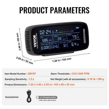 VEVOR Air Quality Monitor 9-IN-1, CO2, Temperature, Humidity, Formaldehyde TVOC AQI Tester, Professional PM2.5 PM10 PM1.0 Particle Counter For Indoor Outdoor, Air Quality Meter