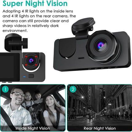 3 Channel Dash Cam, 1080P Dash Cam Front And Rear Inside, Three Way Dash Camera For Cars, Car Camera With 32GB Card, 24H Parking Mode, Loop Recording, Super Night Vision