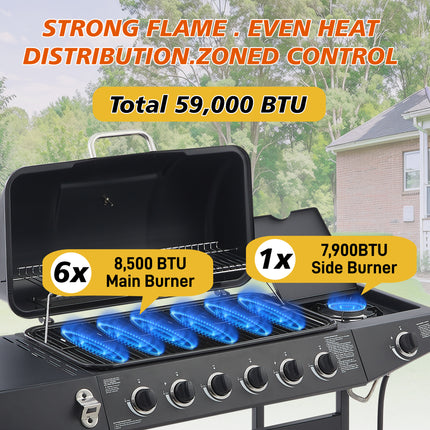 6 Burner BBQ Propane Gas Grill With Side Burner 59000 BTU Output Stainless Steel Barbecue Grill With Enamel-Coated Grates And Side Tables For Outdoor Cooking Kitchen And Patio Backyard.