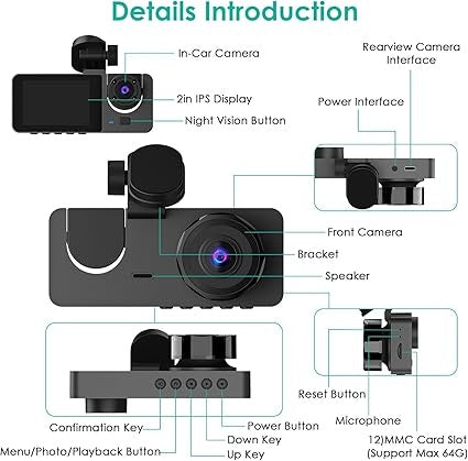 3 Channel Dash Cam, 1080P Dash Cam Front And Rear Inside, Three Way Dash Camera For Cars, Car Camera With 32GB Card, 24H Parking Mode, Loop Recording, Super Night Vision