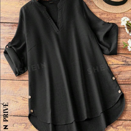 Plus Notched Neck Roll Tab Sleeve High Low Hem Blouse