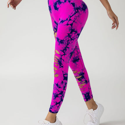 New Style Women's High-Waisted Yoga Leggings With Hollow-Out & Tie-Dye Design