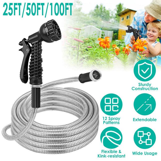 25FT-50FT-100FT Options -- 1Pc Heavy Duty Stainless Steel Garden Hose Garden Watering Kit Metal Water Hose With 2 Nozzles 12 Patterns Flexible Extendable Kink Tangle Puncture Resistant Dog Proof