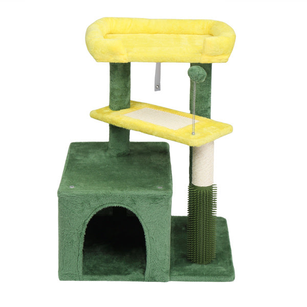 27.5in Cat Tree, Multi-level Cat Tower With Cat Scratching Post And Pad, Cozy Cat Condo, Padded Top Bed For Kittens And Indoor Cats, Yellow & Green