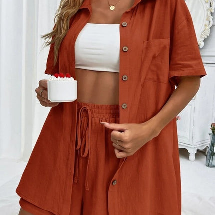 Women's Fashion Shorts Two Pieces Solid Color Shirt Suit