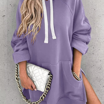 Women's Hooded Sweatshirt With Pockets Fashion Casual Split Mid-length Sweater Drawstring Tops