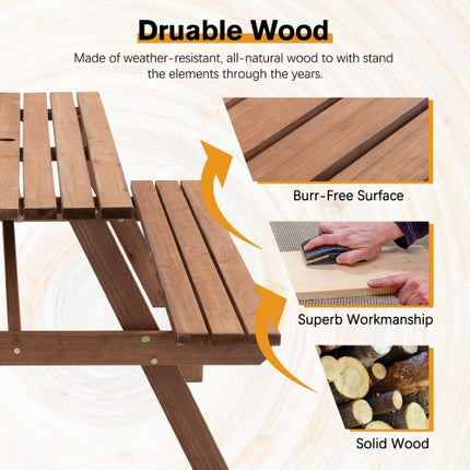 8 Person Brown Wooden Picnic Table, Outdoor Camping Dining Table With 2 Seats, Garden, DIY With 2 Built-in Benches, 2220lb Capacity