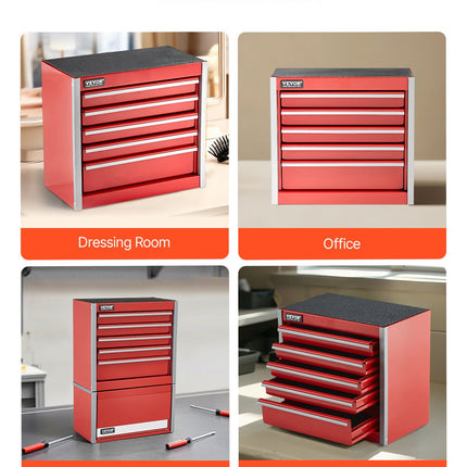 Metal Tool Box, 8.6-inch, Portable Metal Tool Box With 5 Drawers, Small Tool Chest With EVA Liners And PP Feet Pads, Heavy-Duty Steel With Ball Bearing Opening And Powder Coated Finish, Red