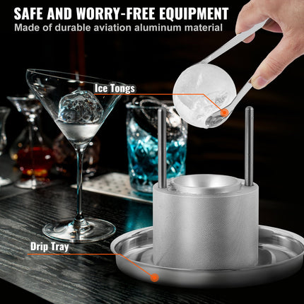 Ice Ball Press, 2.4' Ice Ball Maker, Aircraft Al Alloy Ice Ball Press Kit For 60mm Ice Sphere, Ice Press With Tong And Drip Tray, For Whiskey, Cocktail, Bourbon, Scot On Party & Holiday, Silver