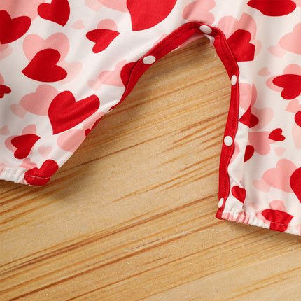 Baby Valentine's Day Romper, Heart Print Long Sleeve Bodysuit With Bow And Ruffle Trim