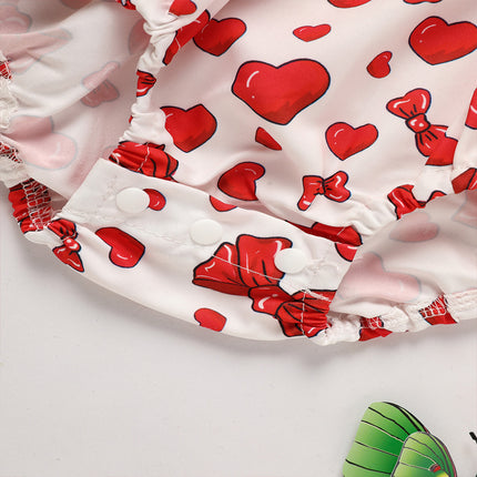 Baby Newborn Comfortable Romper, Sweet Heart & Bow Print Onesie With Ruffle Trim And Snap Closure