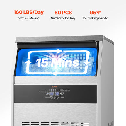 160lbs/24H Commercial Ice Maker Machine, 66lbs Storage Capacity Ice Maker With Drain Pump, 80 Ice Cubes In 15 Minutes, LED Digital Display Freestanding Self-Cleaning For Bar Office Restaurant