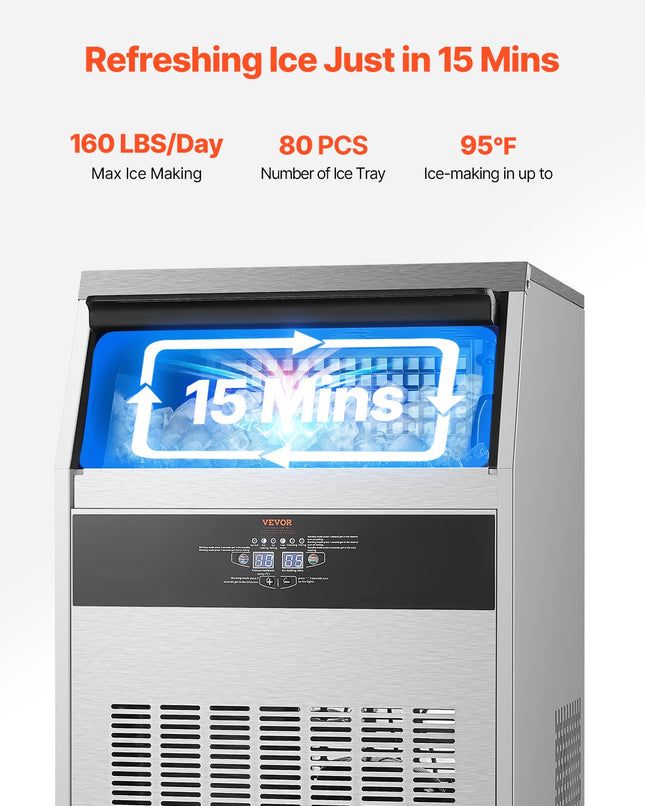 160lbs/24H Commercial Ice Maker Machine, 66lbs Storage Capacity Ice Maker With Drain Pump, 80 Ice Cubes In 15 Minutes, LED Digital Display Freestanding Self-Cleaning For Bar Office Restaurant