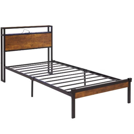 Twin Size Metal Platform Bed Frame With Wooden Headboard And Footboard With USB LINER