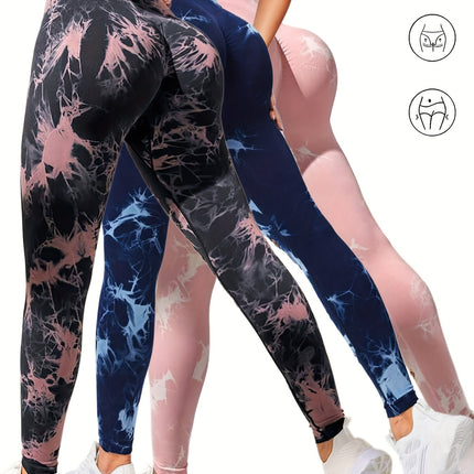 3 Pack Women's Tie Dye Cutout Tights High Waist Workout Yoga Leggings, Scrunch Butt Lifting Elastic Pants, Womens High Waist Yoga Pants Cutout Ripped Tummy Control Workout Running Yoga Skinny Leggings