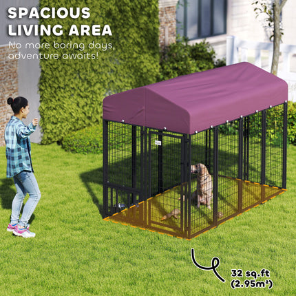 Welded Wire Outdoor Dog Kennel With 360 Rotating & 4 Levels Adjustable Bowls, Waterproof Cover, 7.9 X 4 X 6