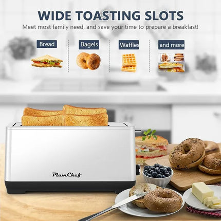 4-Slice Toaster, Extra Wide Long Slot Toaster, 6 Browning Settings, Bagel/Defrost/Reheat Functions, Removable Crumb Tray, Stainless Steel Housing, Silver