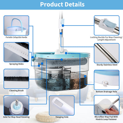 Spin Mop And Bucket With Wringer Set Flat Floor Mop With Clean And Dirty Water Separate System 2 Replaceable Reusable Washable Microfiber Mop Pads