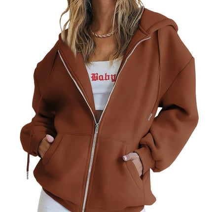 Women's Fashion Casual Solid Color Drawstring Zipper Hooded Sweatshirt