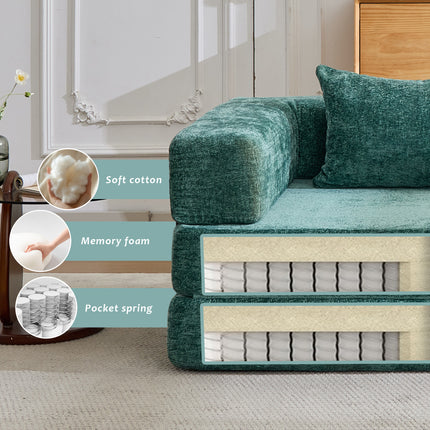 Compression Sofa,Convertible Floor Sofa Bed With Fixed-Shape Frame,Single Seater Boneless Modular Sectional Sofa,No Assembly Required,Chenille Fabric,for Living Room Bedroom,Dark Green