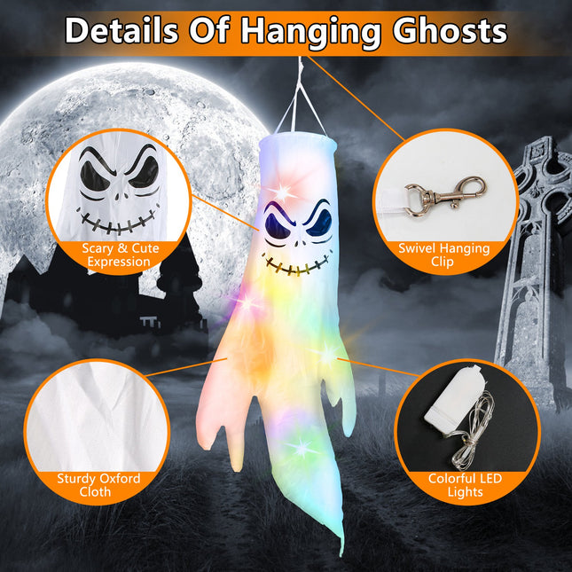 4Pcs Per Set Halloween Ghosts With Witch Hats Windsocks Hanging Decoration With Colorful LED Light Outdoor Flag Wind Socks Halloween Party Decoration For Yard Garden Tree