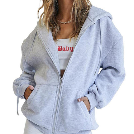 Women's Fashion Casual Solid Color Drawstring Zipper Hooded Sweatshirt