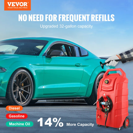 Fuel Caddy, 32 Gallon, Portable Fuel Storage Tank On-Wheels, With 12V DC Transfer Pump, Gasoline Diesel Fuel Container With 8.2 Ft Hose, Flow Rate 7L/min, For Trucks, Boats, Lawn Mowers