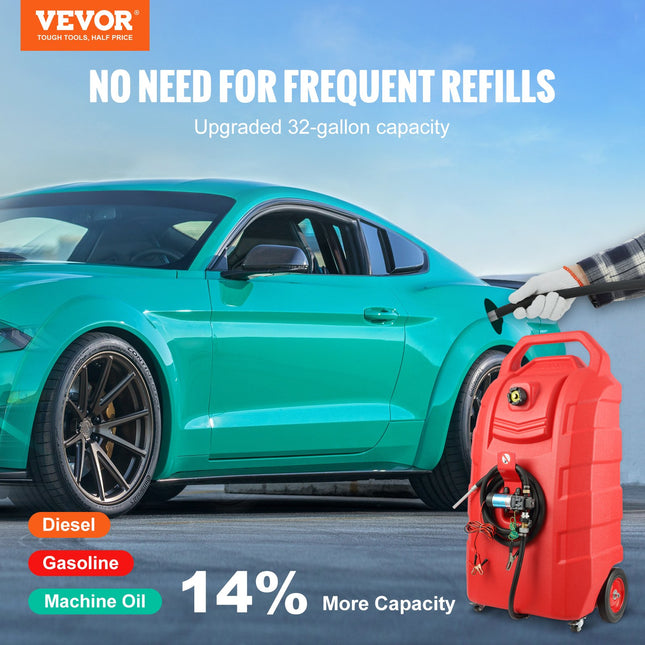 Fuel Caddy, 32 Gallon, Portable Fuel Storage Tank On-Wheels, With 12V DC Transfer Pump, Gasoline Diesel Fuel Container With 8.2 Ft Hose, Flow Rate 7L/min, For Trucks, Boats, Lawn Mowers