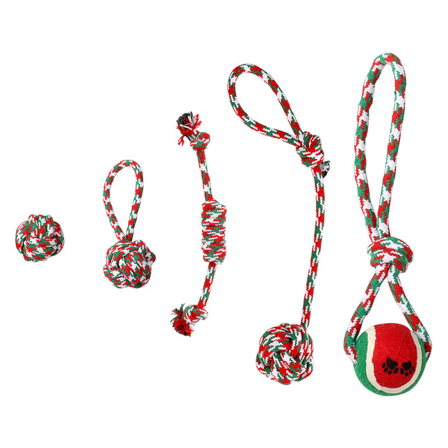 Set Of 5Pcs Christmas Dog Rope Chew Toys Dog Interactive Toys Set For Puppy Small Medium Aggressive Chewers Dogs Training Teething Playing