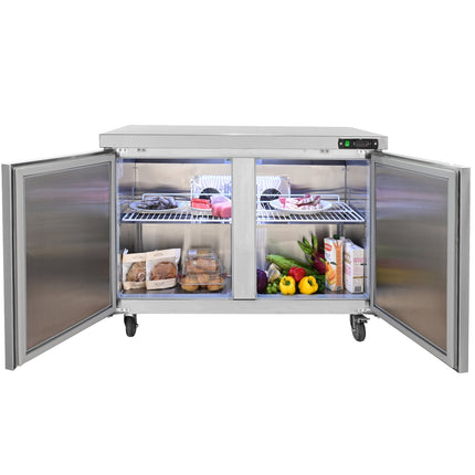 Commercial Refrigerator, 48' Worktop Undercounter Refrigerator, 12.85 Cu. Ft Thick Stainless Steel Refrigerated Food Prep Station, 2 Door Worktop Fridge With Lock For Restaurant, Bar, Diner