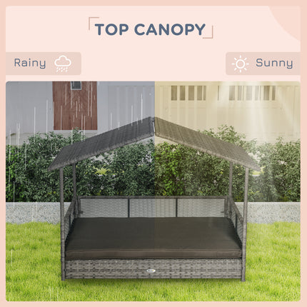 Outdoor Dog Bed with Canopy, Rattan Dog Bed with Soft Cushion Removable Cover for Medium and Large Dogs, Charcoal Gray