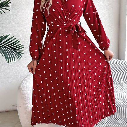 Spring Summer Elegant Long Dress Cross V-Neck Contrast Polka Dot Long Sleeve Pleated Bridesmaid Dresses