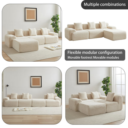 114-inch Corduroy Modular Sofa Boneless Couch, Featuring An Inlaid Structural Design, Three Throw Pillows, Wider Backrest Design And Four Freely Configurable Modules.