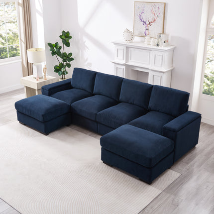 Sectional Sofa Deep Seat Sofa Couch With Ottomans, Corduroy Sofa Sleeper Comfy Upholstered Furniture For Living Room, Apartment, Office, 4-Seat & 2-Ottoman, Blue