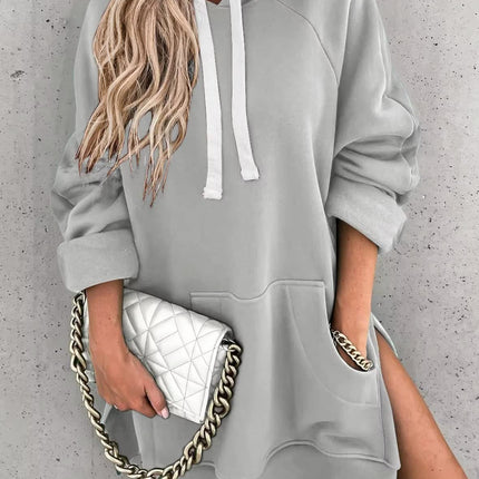 Women's Hooded Sweatshirt With Pockets Fashion Casual Split Mid-length Sweater Drawstring Tops