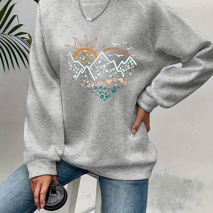 Casual Heart Print Crew Neck Pullover Sweatshirt - Soft Slightly Stretch Polyester Fabric, Machine Washable, Perfect For Spring And Fall - Women's Long Sleeve Casual Wear