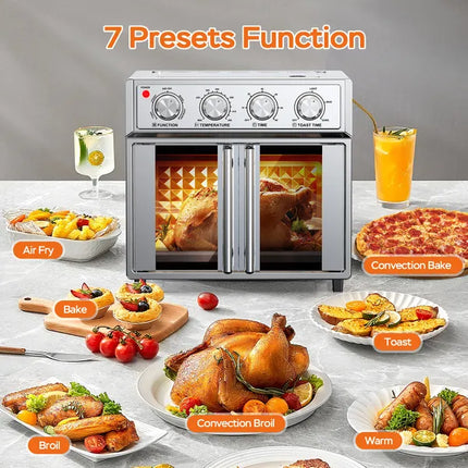 PlumChef 29.5 QT French Door Air Fryer Convection Toaster Oven, Extra Large 6 Slices, 1700W, Multifunction Oven For Air Fryer, Toast, Grill, Defrost, Bake, Time And Temperature Controls, Silver