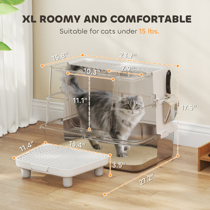 XL Stainless Steel Litter Box w/ 100° Flip Top, Scoop, Step, Top & Side Entry Enclosed Litter Box for Big Cats