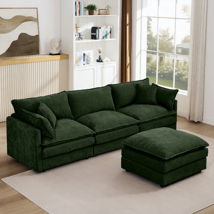 Modular Sectional Sofa, 102 Inch L Shaped Couch Set For Living Room, 3-Seater Comfy Cloud Couches With Movable Ottoman, DIY Combination, Chenille, Green